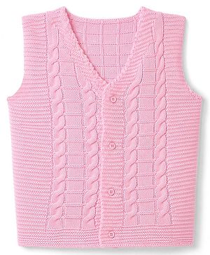 Babyhug Knit Sleeveless Front Open Sweater With Cable Knit Design - Pink