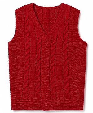 Babyhug Knit Sleeveless Front Open Sweater with Cable Knit Design - Red