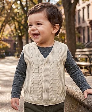 Babyhug Knit Sleeveless Front Open Solid Colour Sweater with Cable Knit Design - Beige