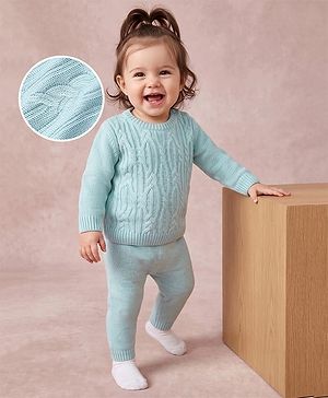 Babyhug Knit Full Sleeves Sweater Set with Cable Knit Design - Light Blue