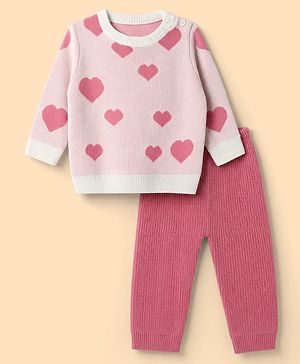 Babyhug Knit Full Sleeves Sweater Set With Hearts Design - Pink & White