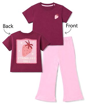 Bonfino 100% Cotton Knit Half Sleeves Oversized T-Shirt & Pyjama Set With Strawberry Print - Purple & Pink
