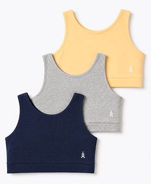 Pine Kids Cotton Lycra Knit Sleeveless Sports Bra with Brand Logo Print Assorted Pack of 3 - Yellow Grey & Blue