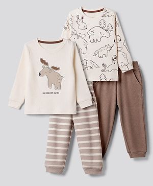 Bonfino Cotton Elastane Knit Drop Needle Structure Fabric Full Sleeves T-Shirt & Yarn Dyed Pyjama Night Suit with Animal Print Pack of 2 - Beige & Brown