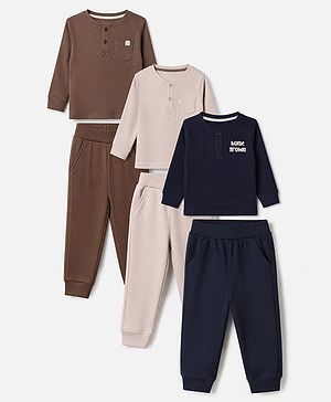 Bonfino Cotton Elastane Knit Drop Needle Structure Fabric Full Sleeves Co-Ords T-Shirt & Pyjama Night Suit with Home Grown Print Pack of 3 - Brown Beige & Navy Blue