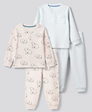 Bonfino Cotton Elastane Knit Drop Needle Structure Fabric Full Sleeves Co-Ords T-Shirt & Pyjama Night Suit with Bear Print Pack of 2 - Beige & Sky Blue