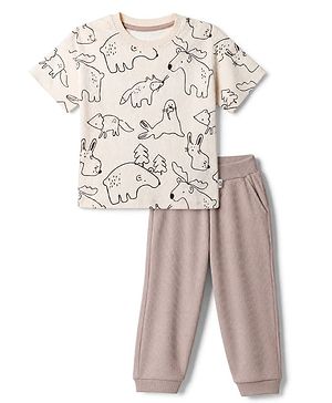 Bonfino Cotton Elastane Knit Drop Shoulder Half Sleeves Oversized T-Shirt and Joggers Set With Animal Print - Light Pink