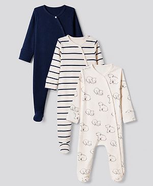 Bonfino Cotton Elastane Knit Drop Needle Structure Fabric & Yarn Dyed Full Sleeves Striped Sleep Suit with Polar Bear Print Pack of 3 - Navy Blue Beige & White
