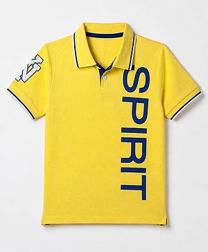 Pine Kids Cotton Knit Polo T-Shirts with Half Sleeves and Spirit Text Print in Yellow