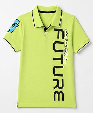 Pine Kids Cotton Knit Polo T-Shirt with Half Sleeves and Best Future Text Print in Green
