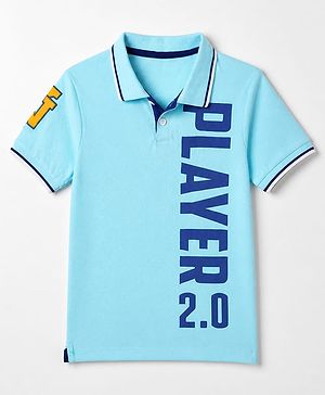 Pine Kids Cotton Knit Polo T-Shirt with Half Sleeves and Player 2.0 Text Print - Blue