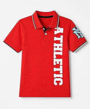 Pine Kids Cotton Knit Polo T-Shirt with Half Sleeves and Athletic Text Print - Red