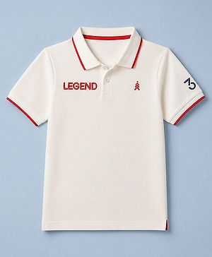 Pine Kids Cotton Knit Polo T-Shirt with Half Sleeves and Legend Text Print - White