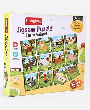 Babyhug Farm Animal Puzzle Set Of 12 with 48 Pcs| 12 Beautifully Illustrated Animals| 3 Difficulty Levels| Improves Hand-Eye Coordination & Problem Solving| BIS Certified | Gifting Idea for 3 Years+