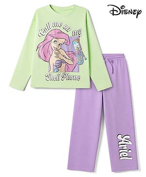 Pine Kids Disney 100% Cotton Single Jersey Knit Full Sleeves T-Shirt & Pajama Night Suit with Call Me on My Shell Phone Text & Ariel Graphic Print - Light Green, Purple