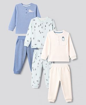 Bonfino Cotton Elastane Knit Drop Needle Structure Fabric Full Sleeves Co-Ords T-Shirt & Pyjama Night Suit with Penguin Print Pack of 3 - Sky Blue Blue & Pink