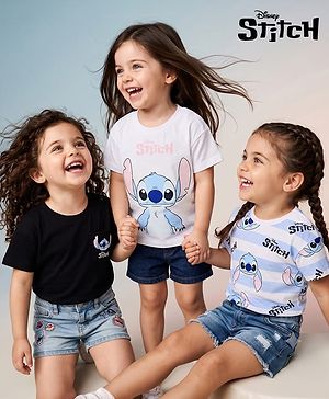 Bonfino Disney Single Jersey Knit Half Sleeves T-Shirts with Lilo and Stitch Print Pack of 3 - White Blue & Black
