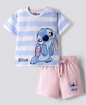 Bonifino Disney Single Jersey Knit Half Sleeves Striped T-Shirt & Shorts Nightsuit with Stitch Graphic - Light Blue