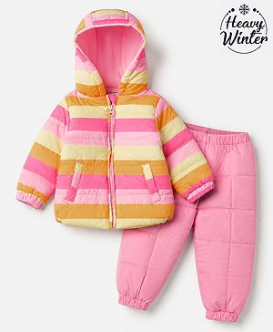 Babyhug Woven Full Sleeves Hooded Winter Wear Suit - Pink