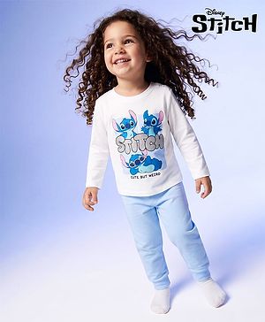 Bonfino Disney 100% Cotton Knit Full Sleeves T-Shirt & Pyjama Night Suit With Stitch Graphic - Light Blue