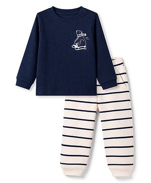 Bonfino Cotton Elastane Knit Drop Needle Structure Fabric & Yarn Dyed Full Sleeves T-Shirts & Striped Pyjama Night Suit with Polar Bear Print - Navy Blue