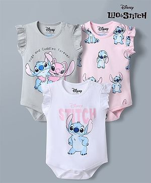 Bonfino Disney Interlock Knit Frill Detailing Half Sleeves Onesies With Lilo Stitch Graphic Pack of 3 - White Grey & Pink