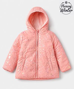Babyhug Woven Front Open Padded Quilted Hoodies with Full Sleeves and Splatter Print with Shiny Finish - Pink