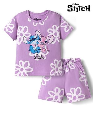 Bonfino Disney Single Jersey Knit Half Sleeves Co-Ords T-Shirt & Shorts Night Suit with Stitch Angel & Floral Print - Lavender