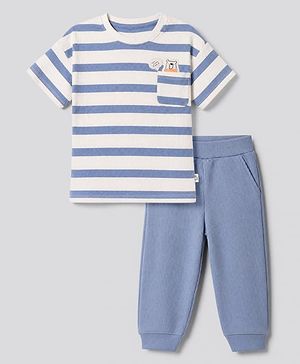 Bonfino Cotton Elastane Drop Needle Structure Fabric Knit Half Sleeves T-Shirt and Joggers Set - Light Blue
