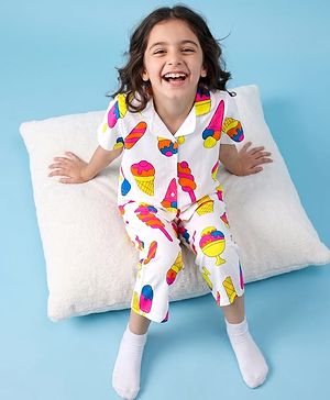 Pine Kids Cotton Knit Half Sleeves Co-Ords Shirt & Capri Night Suit with Ice-Cream Print - White