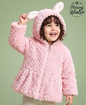 Babyhug Fur Woven Hooded Full Sleeves Hoodie With Ear Applique - Pink