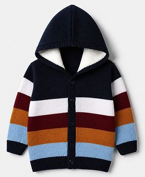 Babyhug Knit Front Open Sweater with Full Sleeves and Stripes Print in Navy Blue