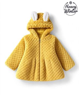 Babyhug Fur Woven Hooded Full Sleeves Hoodie With Ear Applique - Yellow