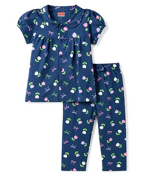 Babyhug 100% Cotton Knit Half Sleeves Co Ord Shirt & Pyjama Night Suit Floral Print - Navy Blue