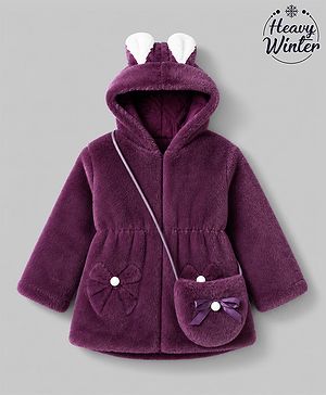 Babyhug Fur Woven Hooded Full Sleeves Hoodie With Bow & Ear Applique - Burgandy