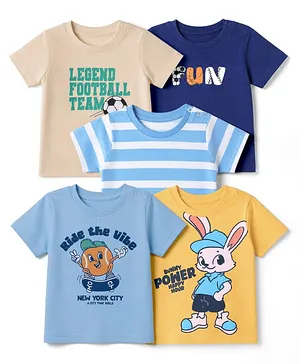 Doodle Poodle Cotton Single Jersey Knit T-Shirts with Half Sleeves and Fun & Football Text & Bunny Graphic Print Pack of 5- Yellow Cream Blue & Black