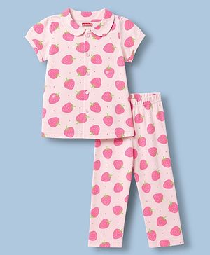 Babyhug 100% Cotton Knit Half Sleeves Strawberry Printed Co-Ords Shirt & Pyjama Night Suit - Pink