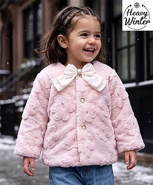 Babyhug Fur Woven Jacket with Full Sleeves and Floral Pattern With Bow Applique - Light Pink