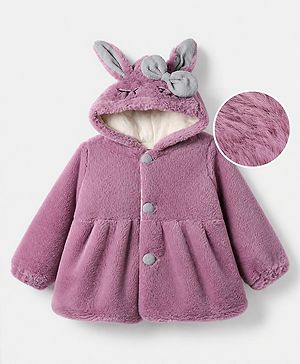 Babyhug Fur Woven Full Sleeves Hoodies with Rabbit Applique - Pink