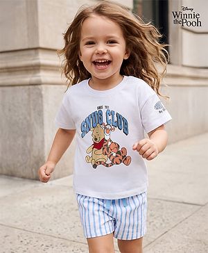 Bonfino Disney Single Jersey Knit Half Sleeves T-Shirt & Striped Shorts with Winnie & Friends Graphics - White