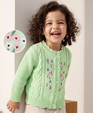 Babyhug Knit Full Sleeves Front Open Sweaters With Cable Design & Floral Embroidery - Mint