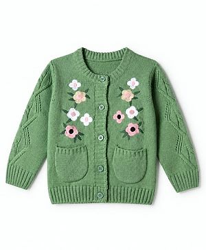 Babyhug Knit Full Sleeves Front Open Sweater with Floral Embroidery & Cable Knit Design - Green