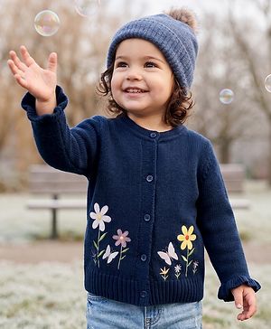Babyhug Knit Full Sleeves Front Open Sweaters with Floral Design - Navy Blue