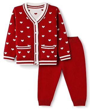Babyhug  Knit Full Sleeves Sweater Set with Heart Design - Red