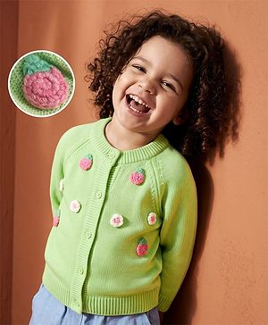 Babyhug Knit Full Raglan Sleeves Front Open Sweater with Floral Applique - Limegreen