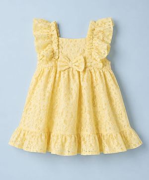 Babyhug Mesh Woven Half Sleeves Frock With Floral Print & Bow Applique - Yellow