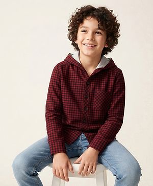 Pine Kids Cotton Woven Hooded Shirt with Full Sleeves and Buffalo Checks Print -Dark  Red
