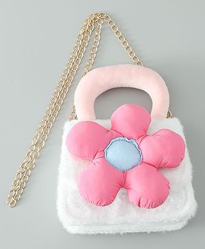 Pine Kids Free Size Sling Bag with Floral Applique and Fur Detailing - White