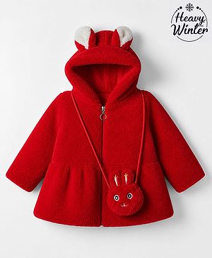 Babyhug Fur Woven Hoodie and Sling Bag with Full Sleeves - Red
