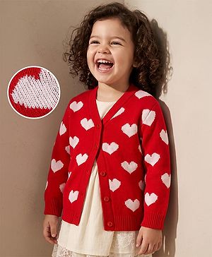 Babyhug Knit Full Sleeves Front Open Sweater  With Heart Design - Red